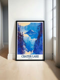Crater Lake Art Print - Mount Scott Travel Print - Wizard Island Canvas Art - Wizard Island Travel Poster