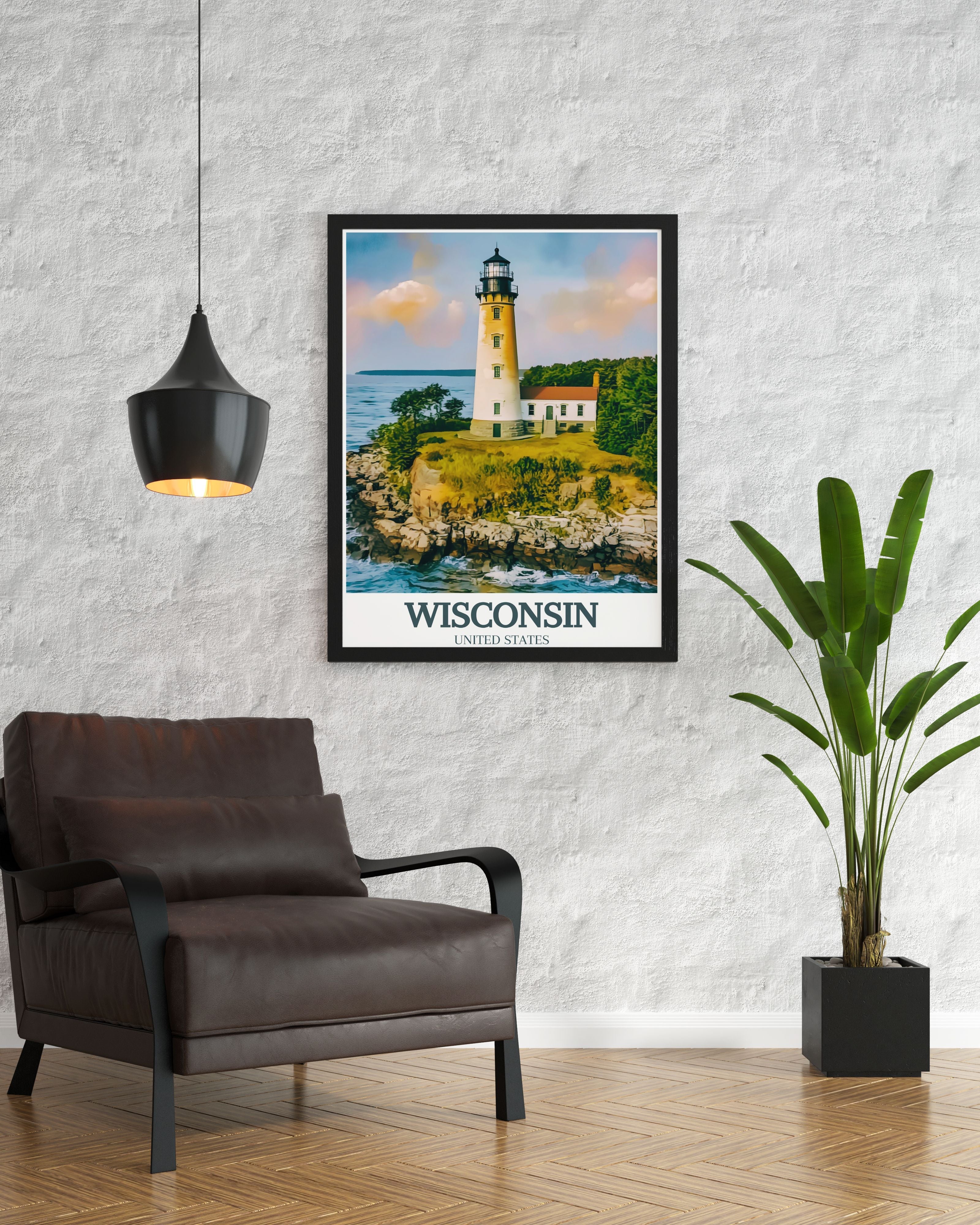 Wisconsin Vintage  Artwork - Door County Coastline and Cana Island Lighthouse Ideal Home Decor - USA  Living Room Decor