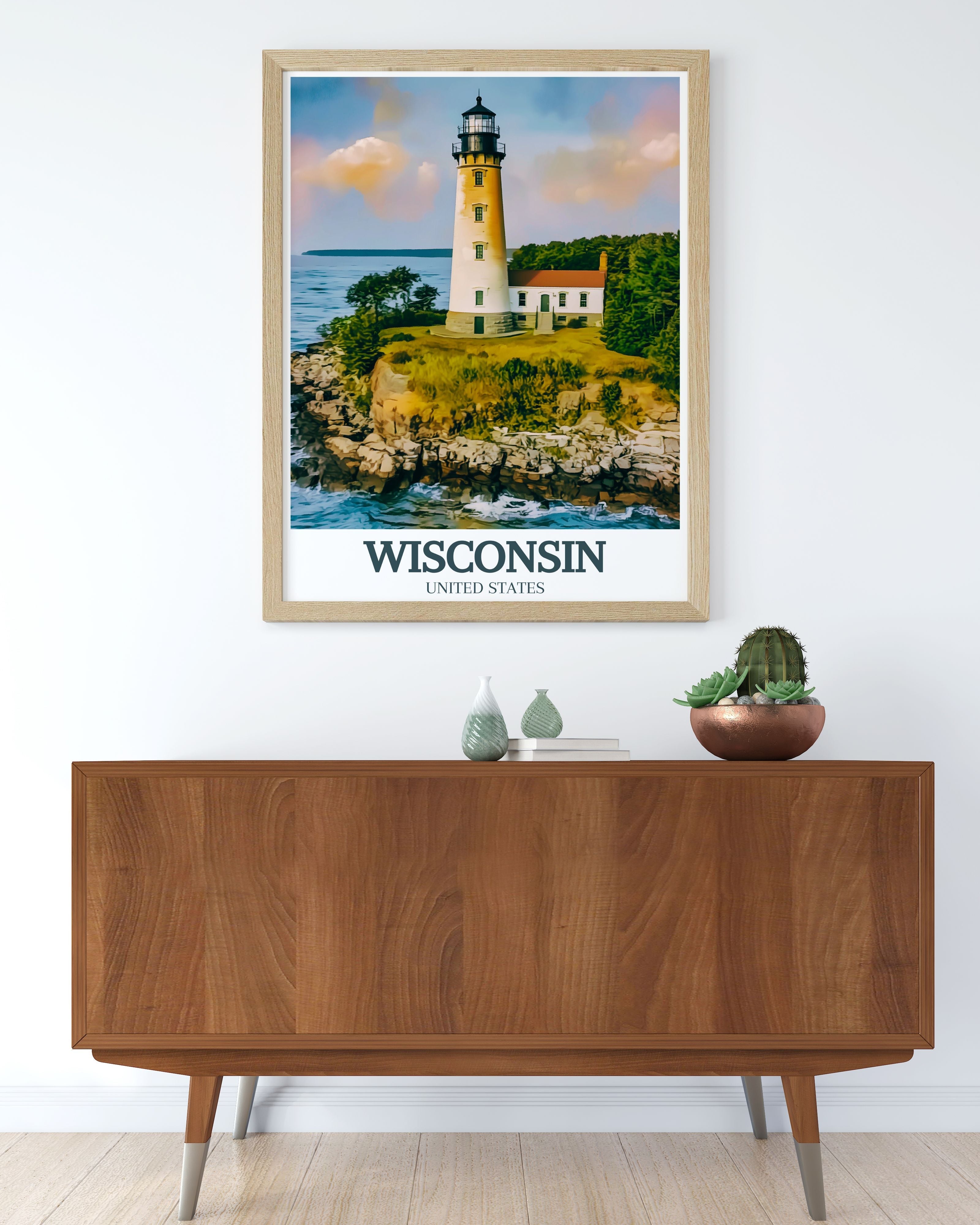 Wisconsin Vintage  Artwork - Door County Coastline and Cana Island Lighthouse Ideal Home Decor - USA  Living Room Decor