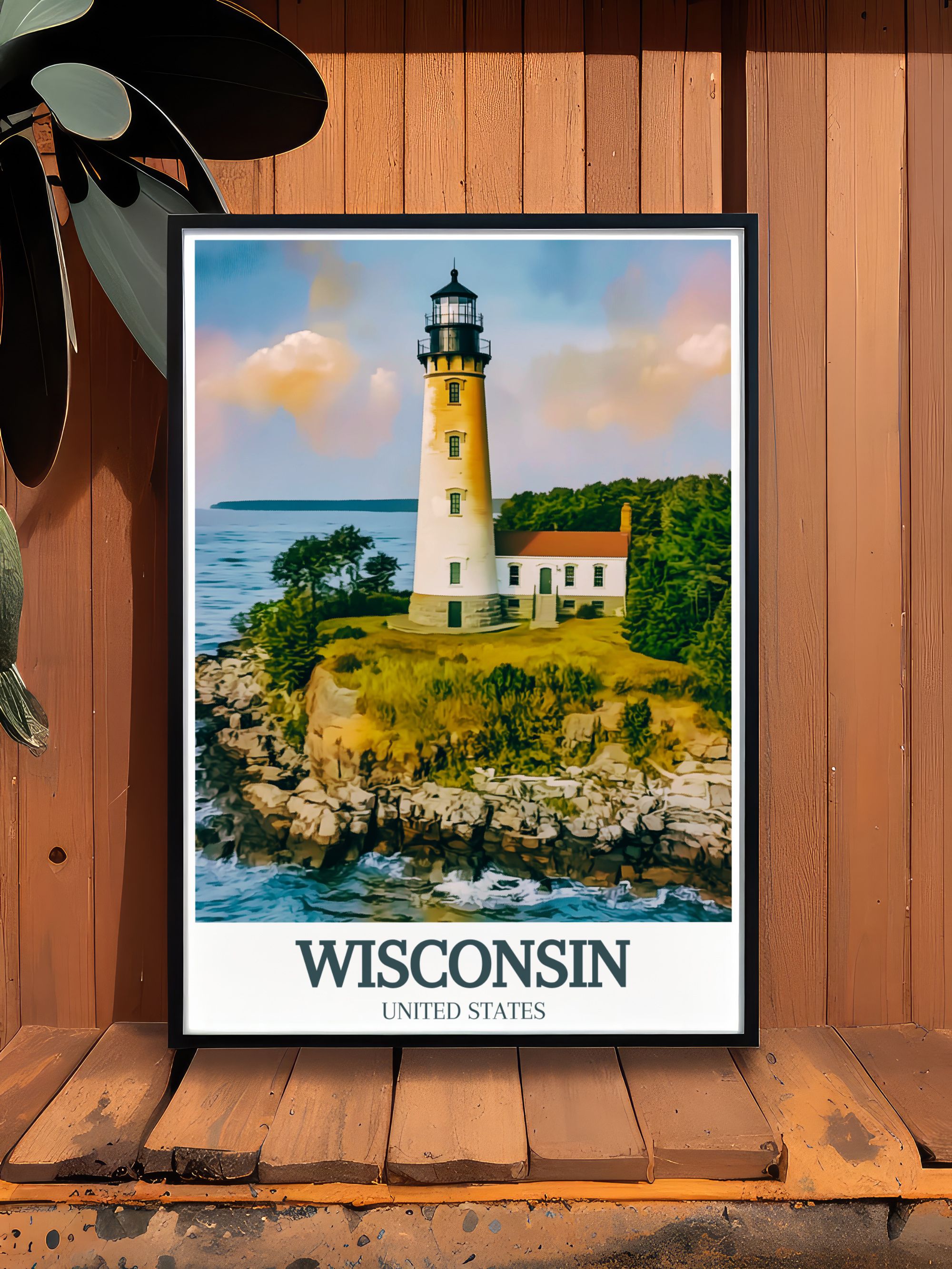 Wisconsin Vintage  Artwork - Door County Coastline and Cana Island Lighthouse Ideal Home Decor - USA  Living Room Decor