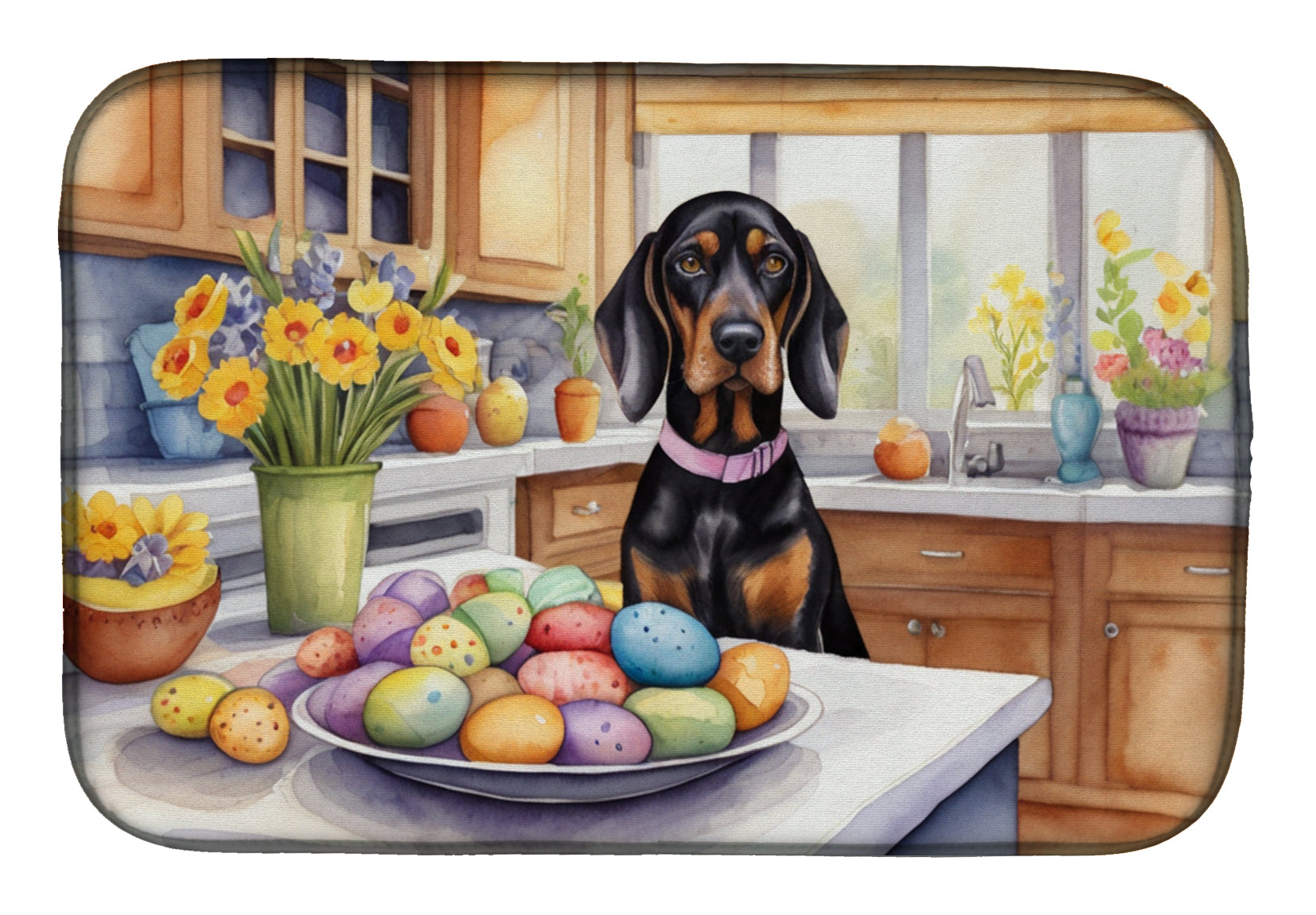 Decorating Easter Black and Tan Coonhound Dish Drying Mat