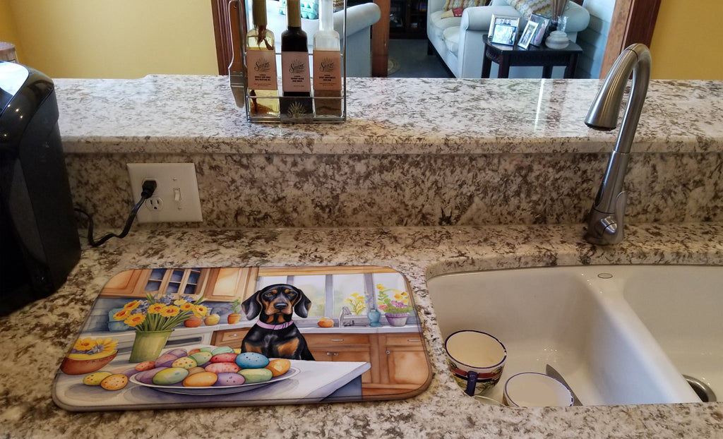 Decorating Easter Black and Tan Coonhound Dish Drying Mat