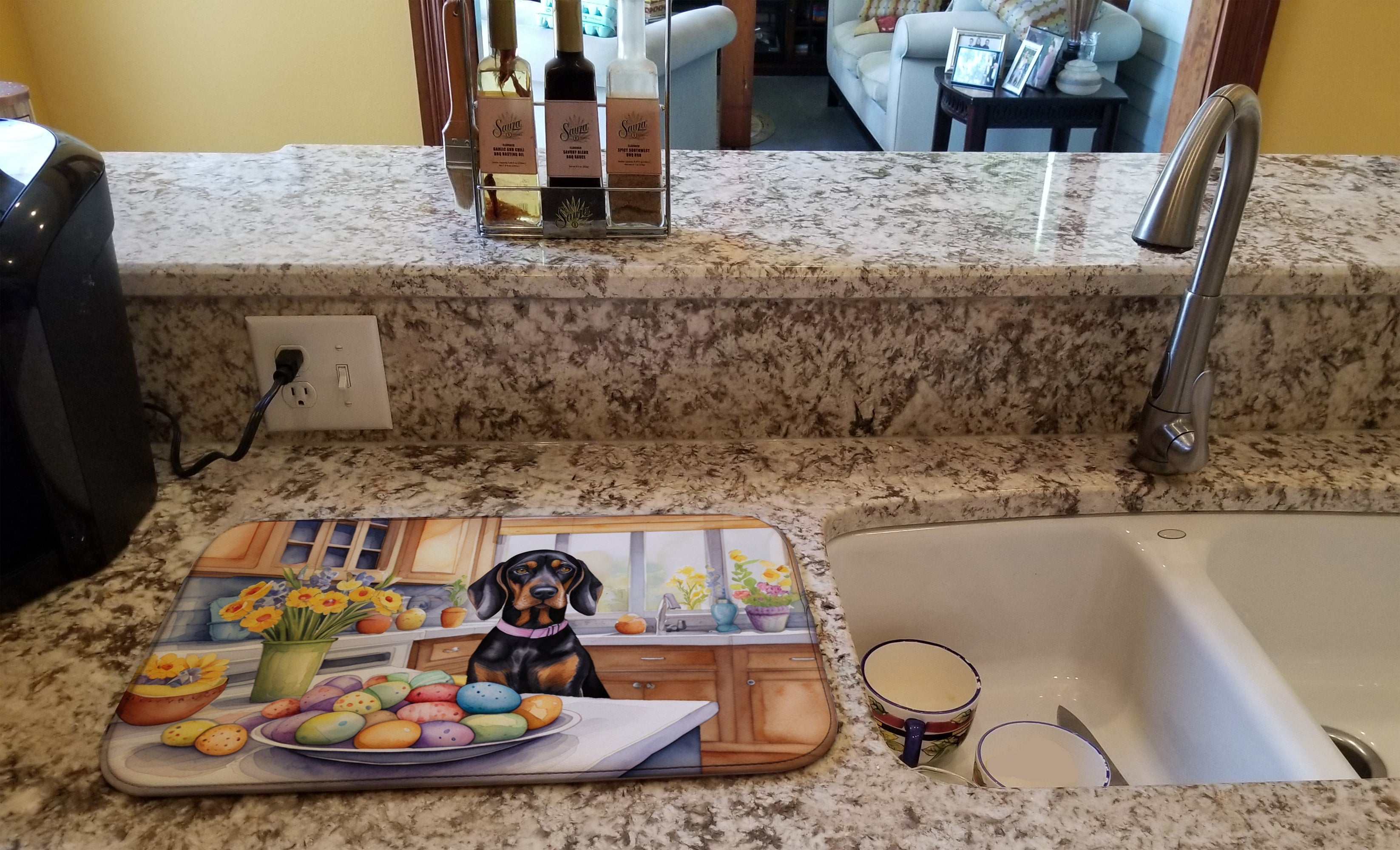 Decorating Easter Black and Tan Coonhound Dish Drying Mat