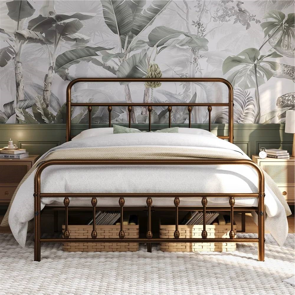 Full size Vintage Bronze Metal Platform Bed Frame with Headboard and Footboard
