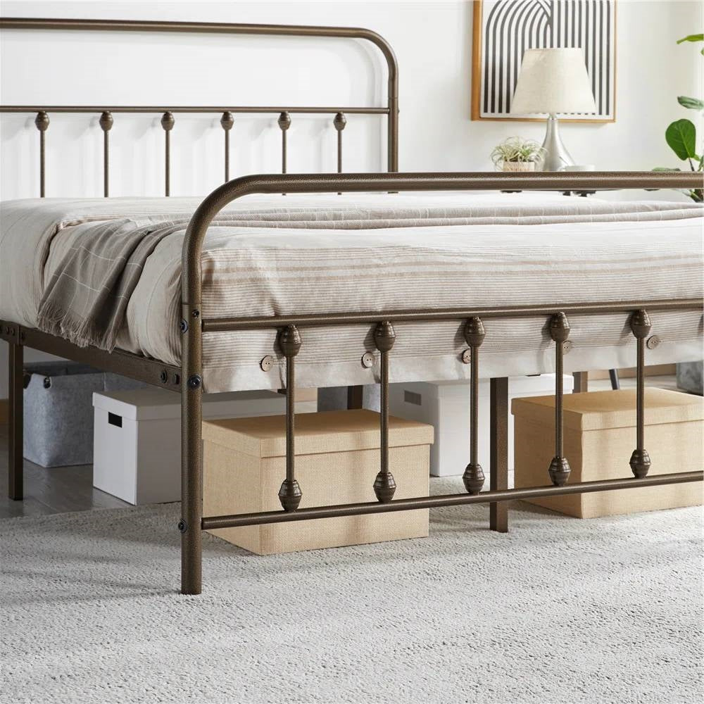 Full size Vintage Bronze Metal Platform Bed Frame with Headboard and Footboard