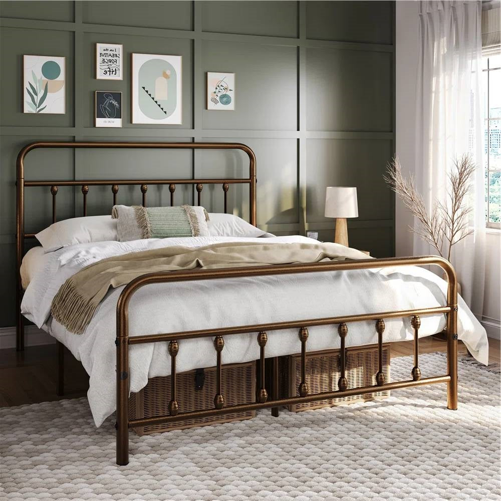 Full size Vintage Bronze Metal Platform Bed Frame with Headboard and Footboard