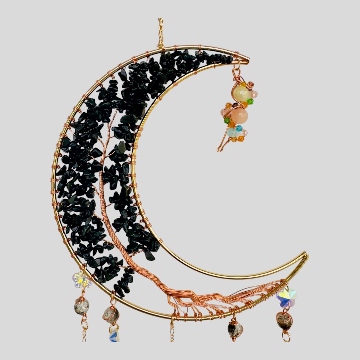 Gold Metal Crescent Moon Dreamcatcher Suncatcher with Black Obsidian Stone Tree of Life & Hanging Jewel Charms