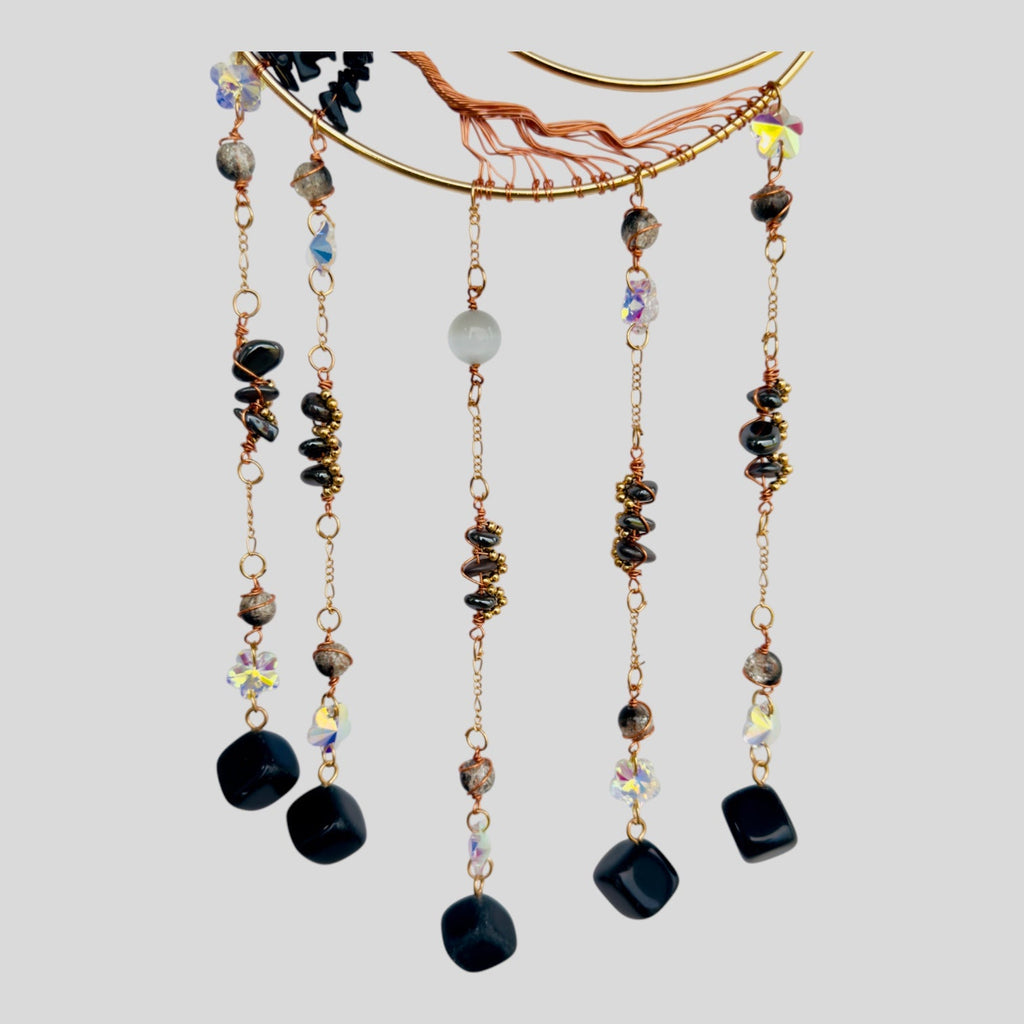 Gold Metal Crescent Moon Dreamcatcher Suncatcher with Black Obsidian Stone Tree of Life & Hanging Jewel Charms