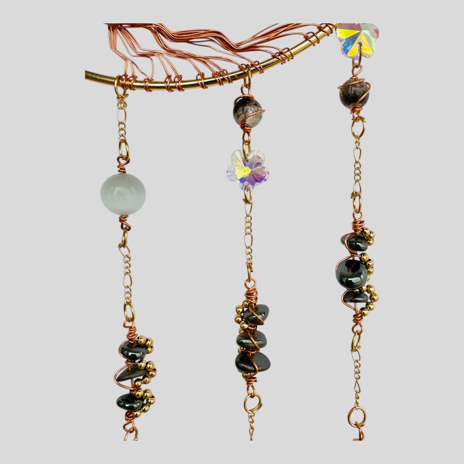 Gold Metal Crescent Moon Dreamcatcher Suncatcher with Black Obsidian Stone Tree of Life & Hanging Jewel Charms