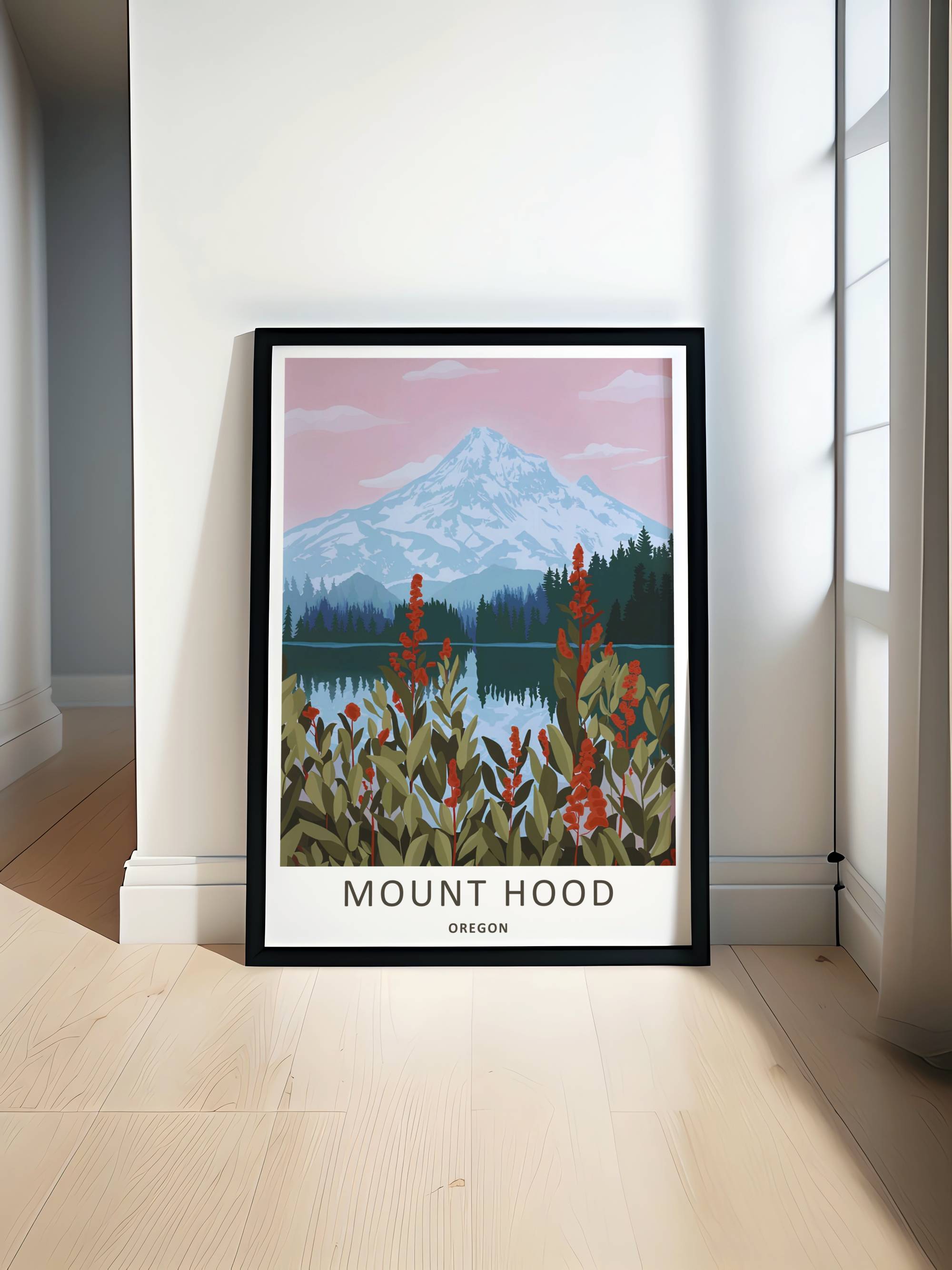 Mount Hood Oregon Wildflower Lake Travel Poster – Pastel Mountain Wall Art