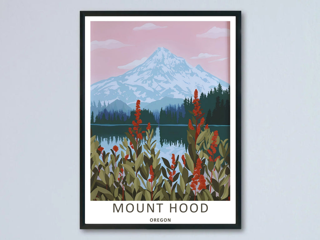 Mount Hood Oregon Wildflower Lake Travel Poster – Pastel Mountain Wall Art