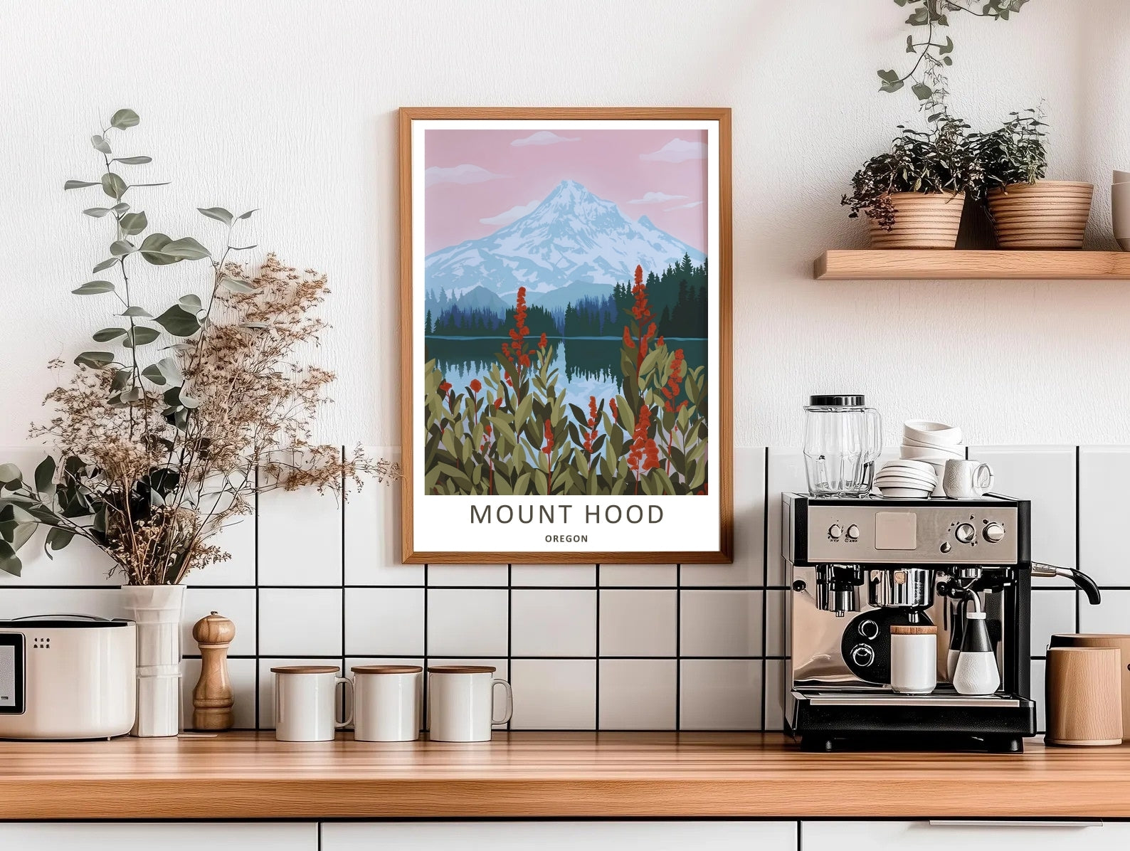 Mount Hood Oregon Wildflower Lake Travel Poster – Pastel Mountain Wall Art