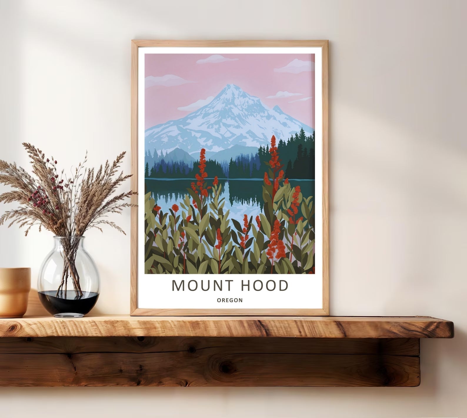 Mount Hood Oregon Wildflower Lake Travel Poster – Pastel Mountain Wall Art