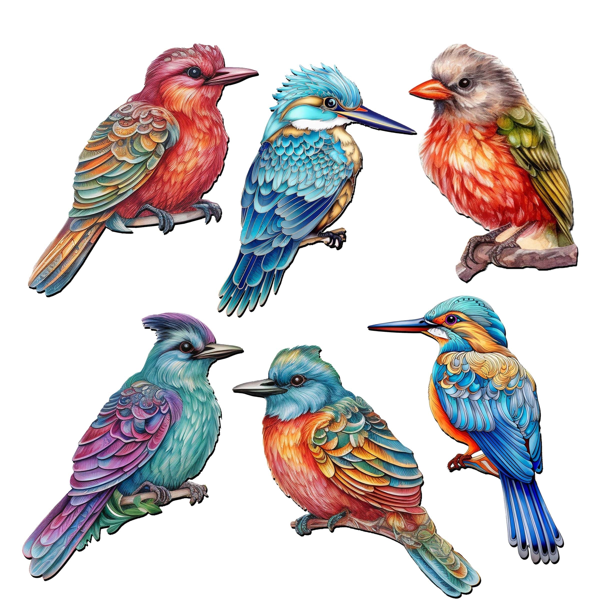 Colorful Birds Decorative Eco Wood Magnets Set of 6 by G. Debrekht - Wildlife Decor - 8090003G-S6