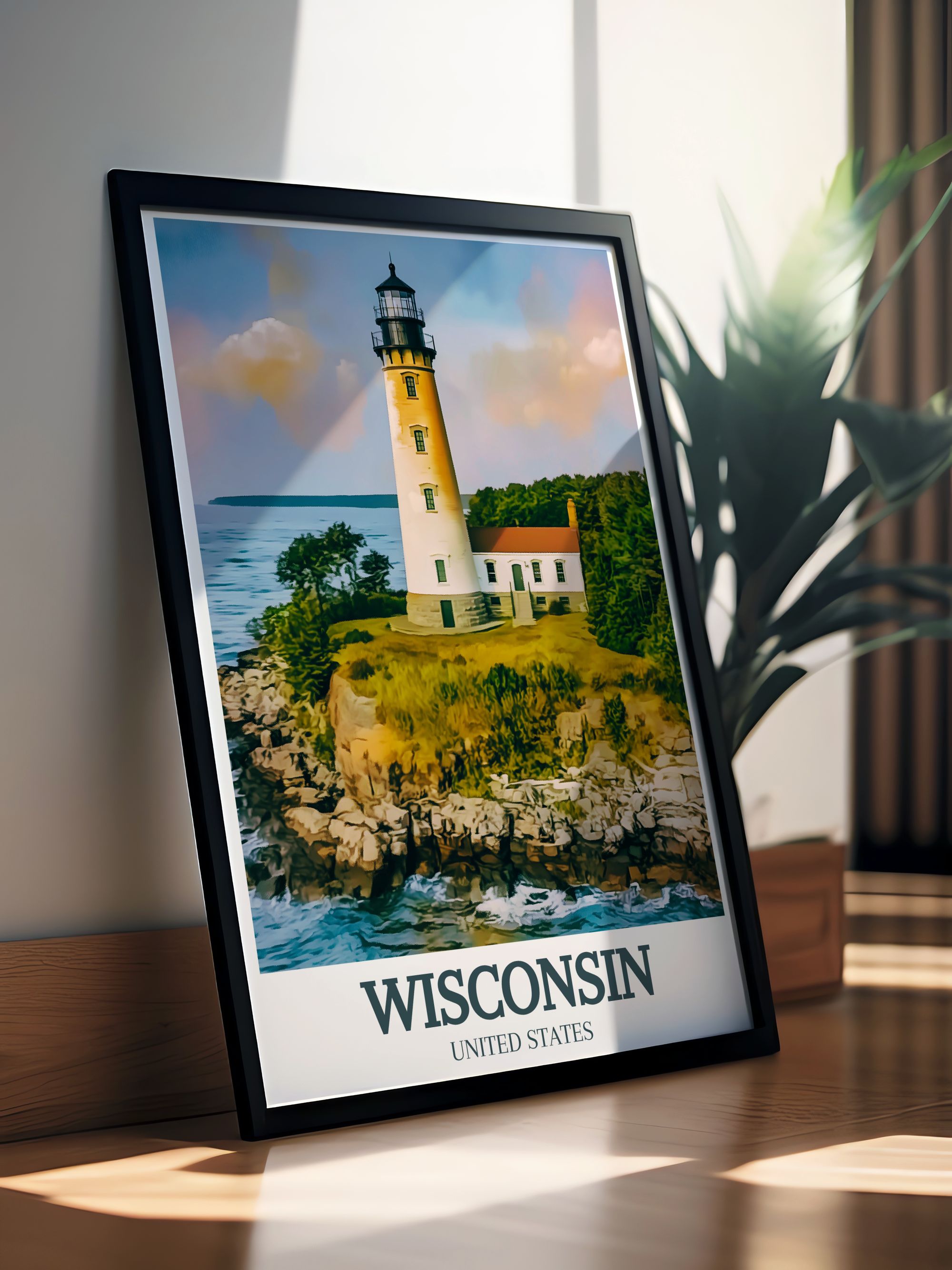 Wisconsin Vintage  Artwork - Door County Coastline and Cana Island Lighthouse Ideal Home Decor - USA  Living Room Decor