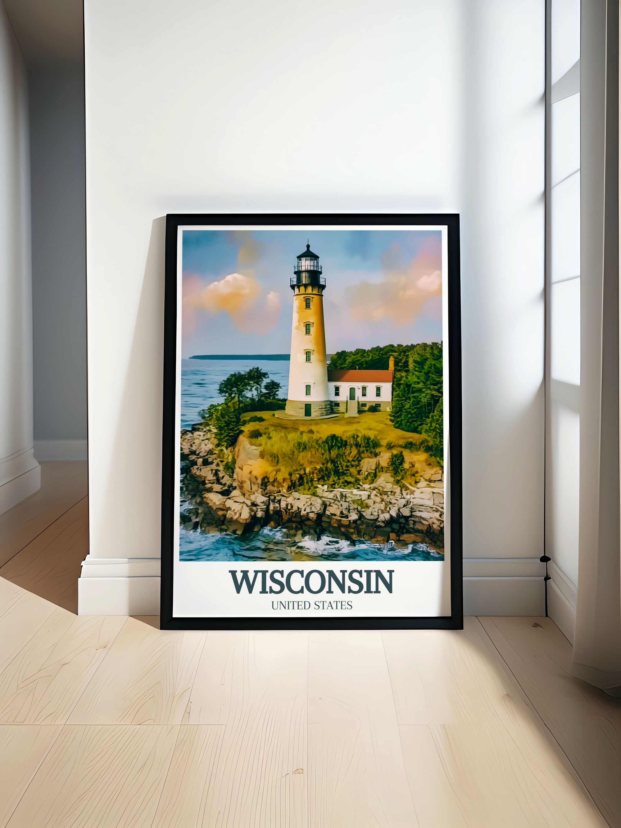 Wisconsin Vintage  Artwork - Door County Coastline and Cana Island Lighthouse Ideal Home Decor - USA  Living Room Decor